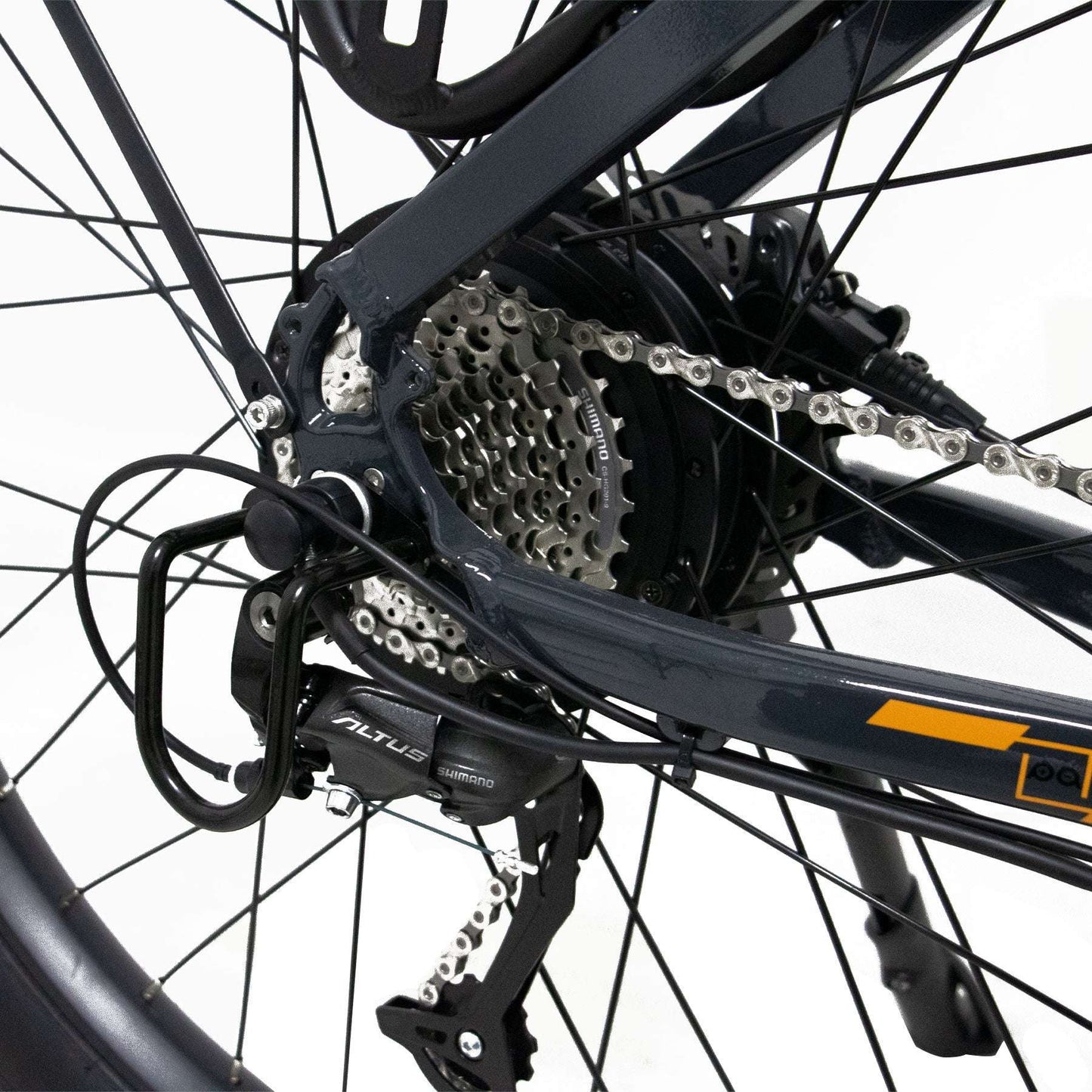 Eunorau Meta 275 Step-through electric bike gear system close up on a white background