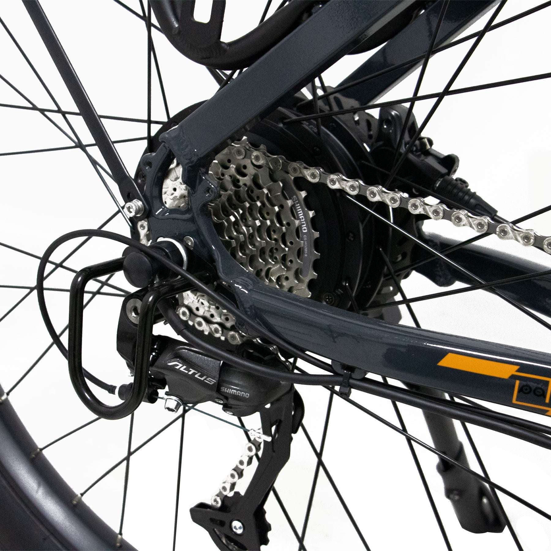 Eunorau Meta 275 Step-through electric bike gear system close up on a white background