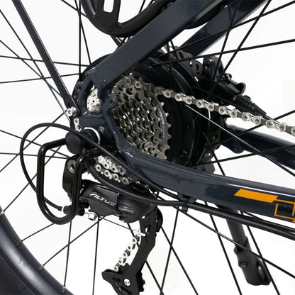 Eunorau Meta 275 Step-through electric bike gear system close up on a white background