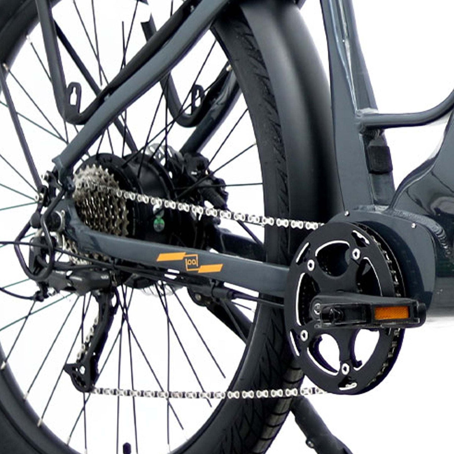 Eunorau Meta 275 Step-through electric bike close up of gear system and rear wheel on a white background