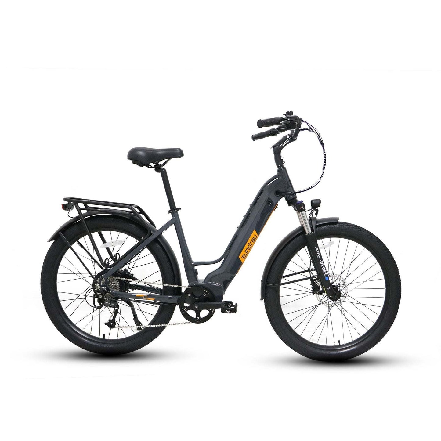 Eunorau Meta 275 Step-through gray orange electric bike on a white background, alternate side view
