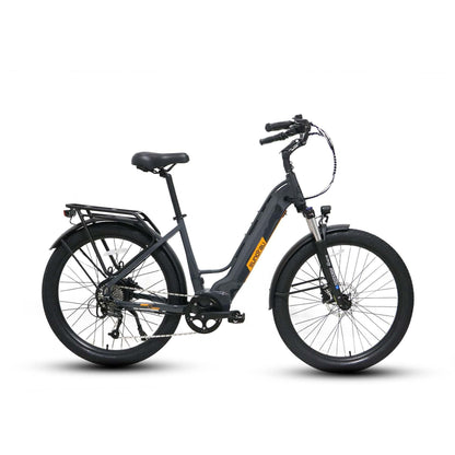 Eunorau Meta 275 Step-through gray orange electric bike on a white background, alternate side view