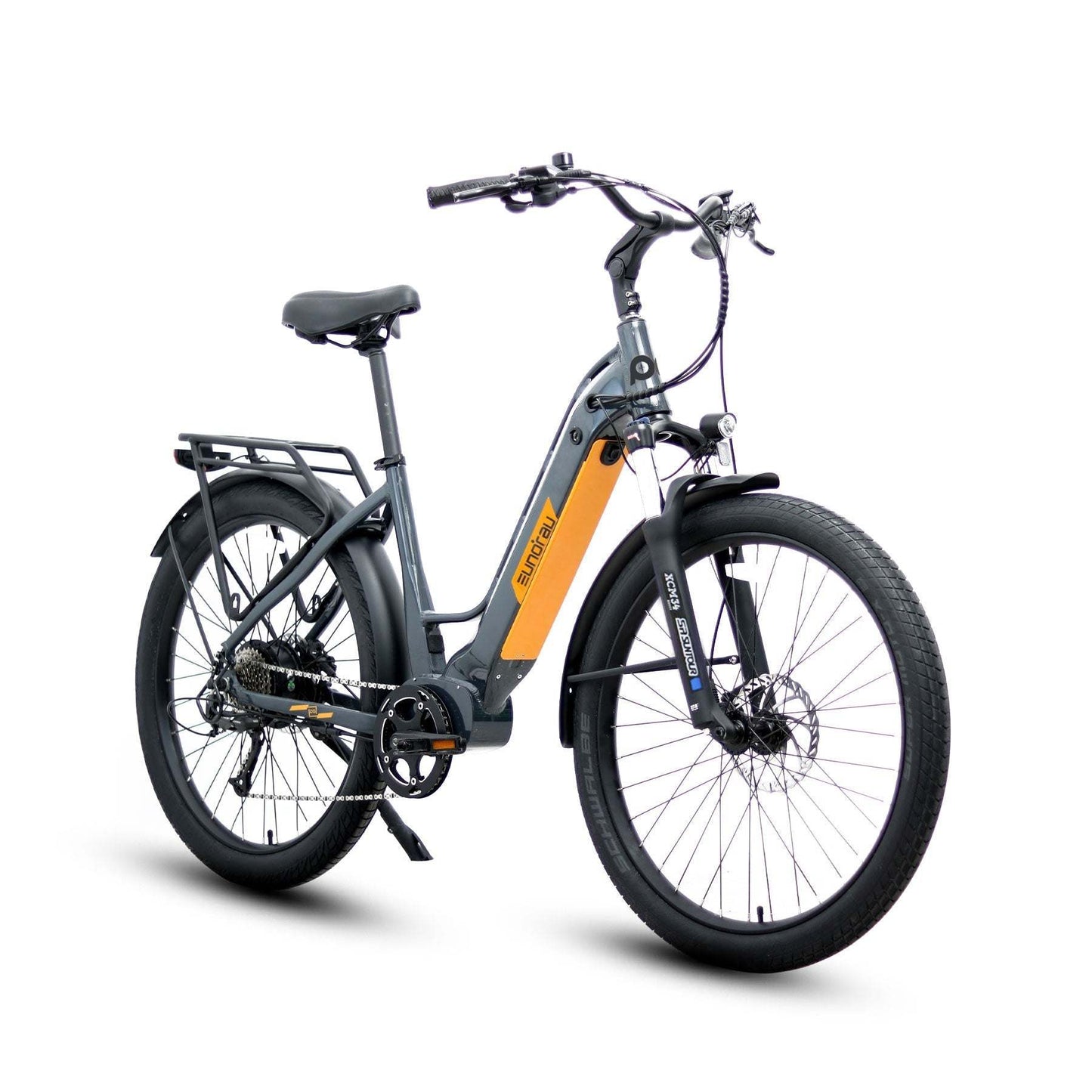 Eunorau Meta 275 Step-through Grey orange electric bike on a white background, front side view
