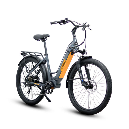 Eunorau Meta 275 Step-through Grey orange electric bike on a white background, front side view