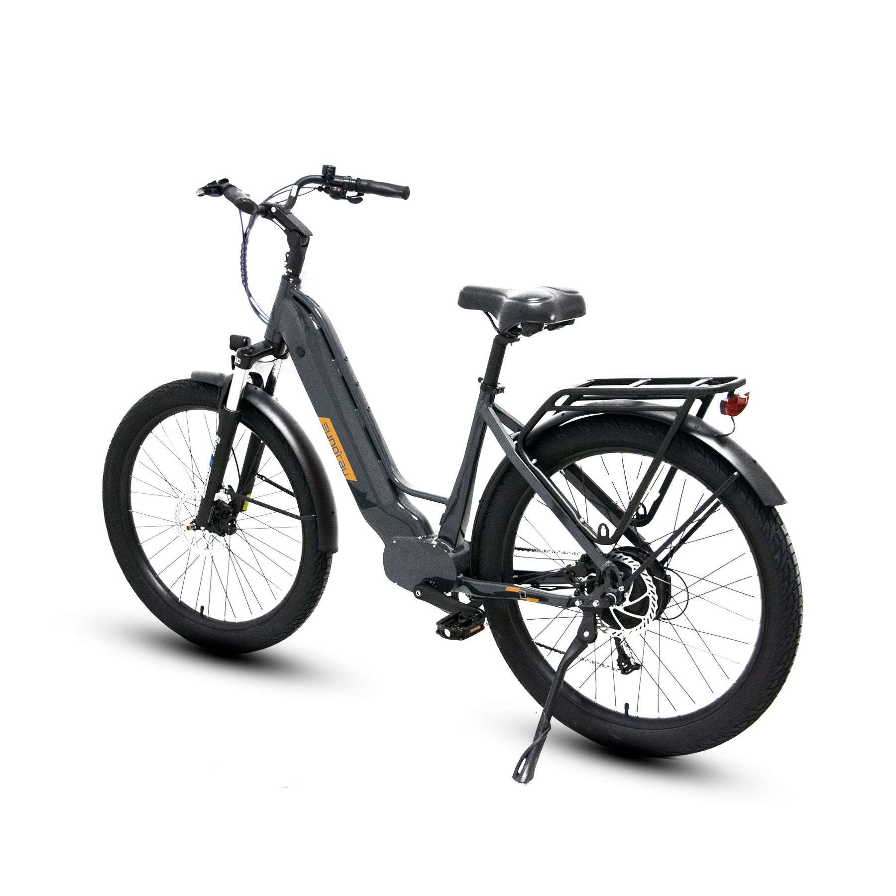 Eunorau Meta 275 Step-through grey orange electric bike on a white background, rear side view