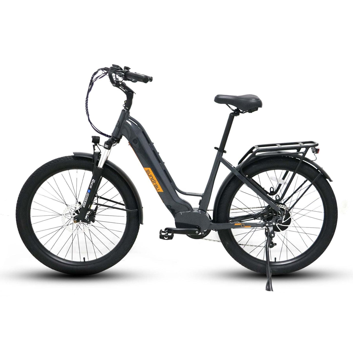Eunorau Meta 275 Step-through grey orange electric bike, side view on a white background 