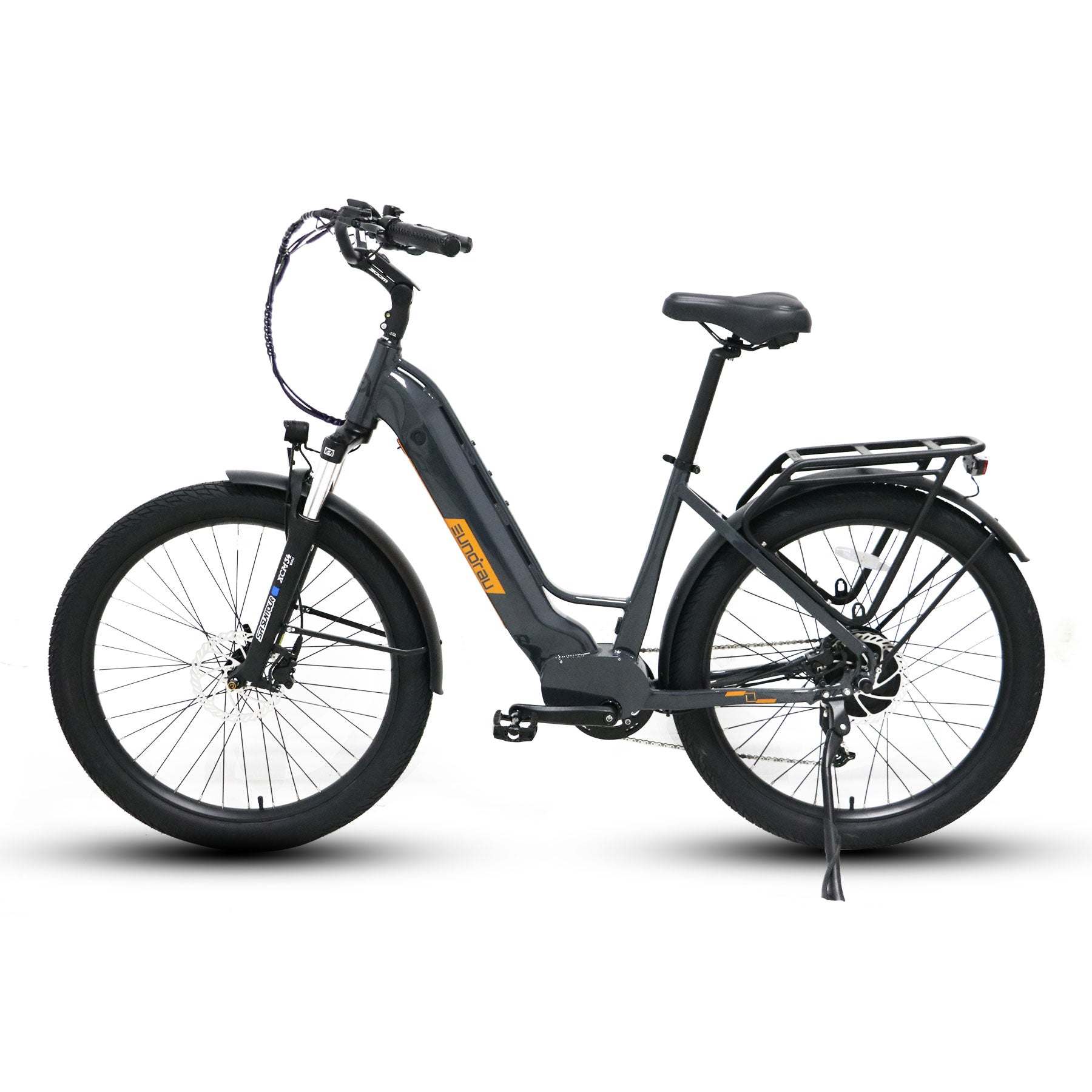 Eunorau Meta 275 Step-through grey orange electric bike, side view on a white background 