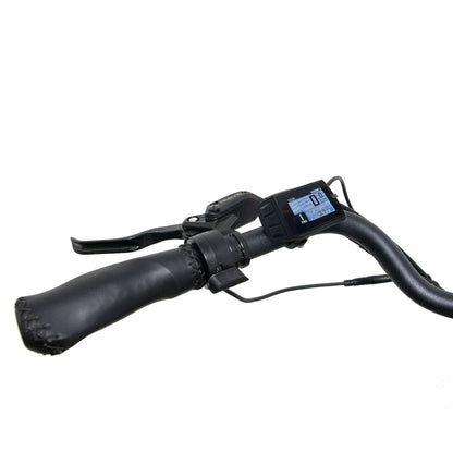 Eunorau Meta 275 Step-through electric bike close up of a right handle bar, display and brake lever on a white background