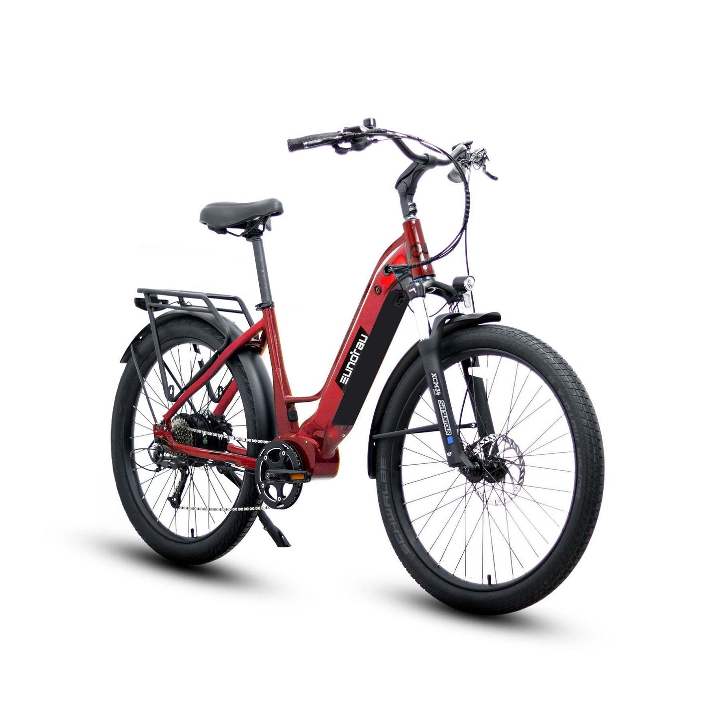 Eunorau Meta 275 Step-through red electric bike on a white background front side view