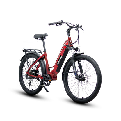 Eunorau Meta 275 Step-through red electric bike on a white background front side view