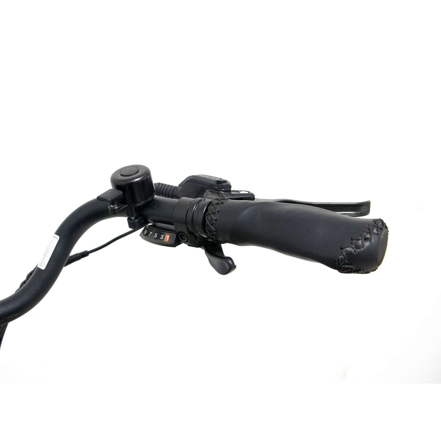 Eunorau Meta 275 Step-through electric bike close up of a right handle bar with a bell, brake lever and gear shifter on a white background