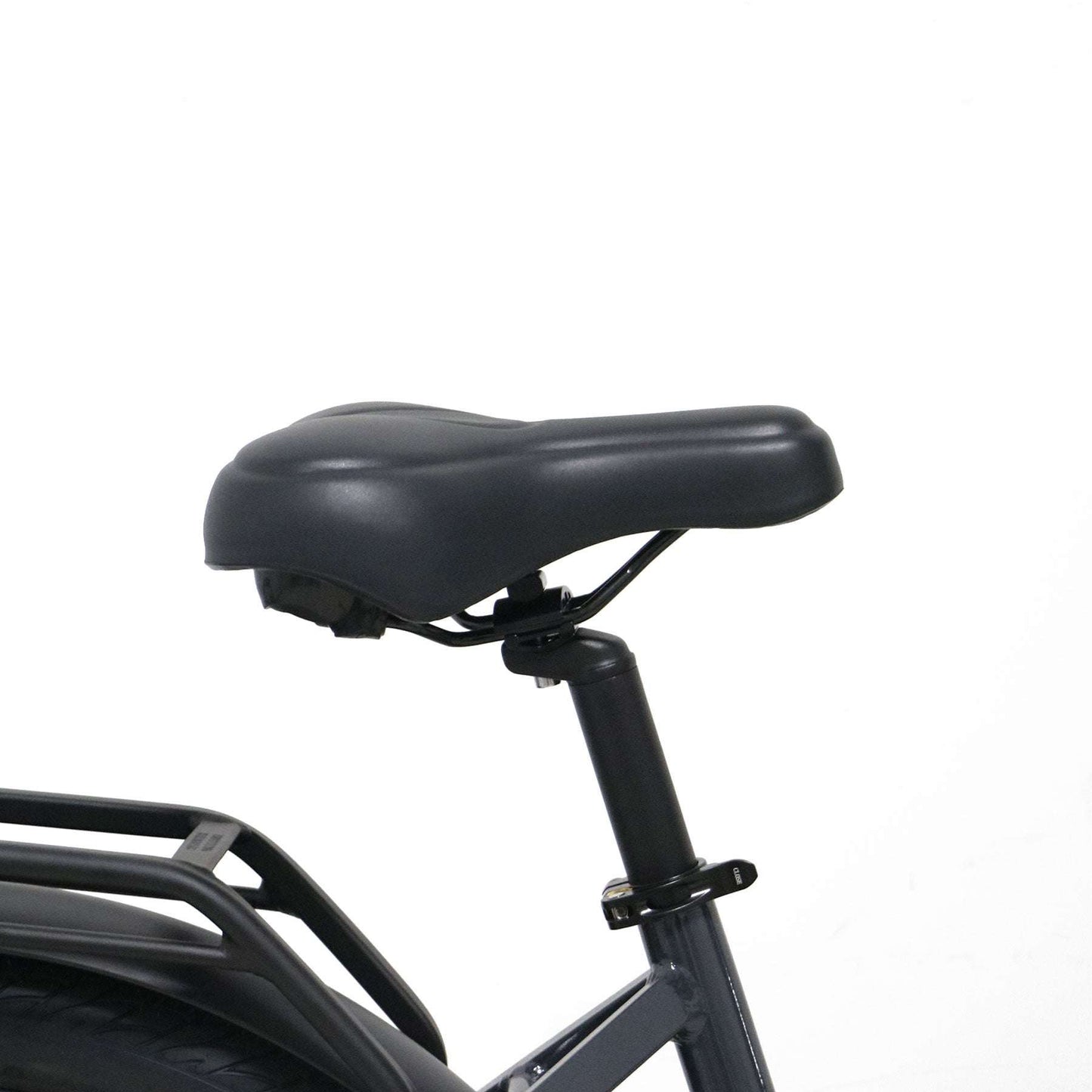 Eunorau Meta 275 Step-through electric bike close up of a bike seat on a white background