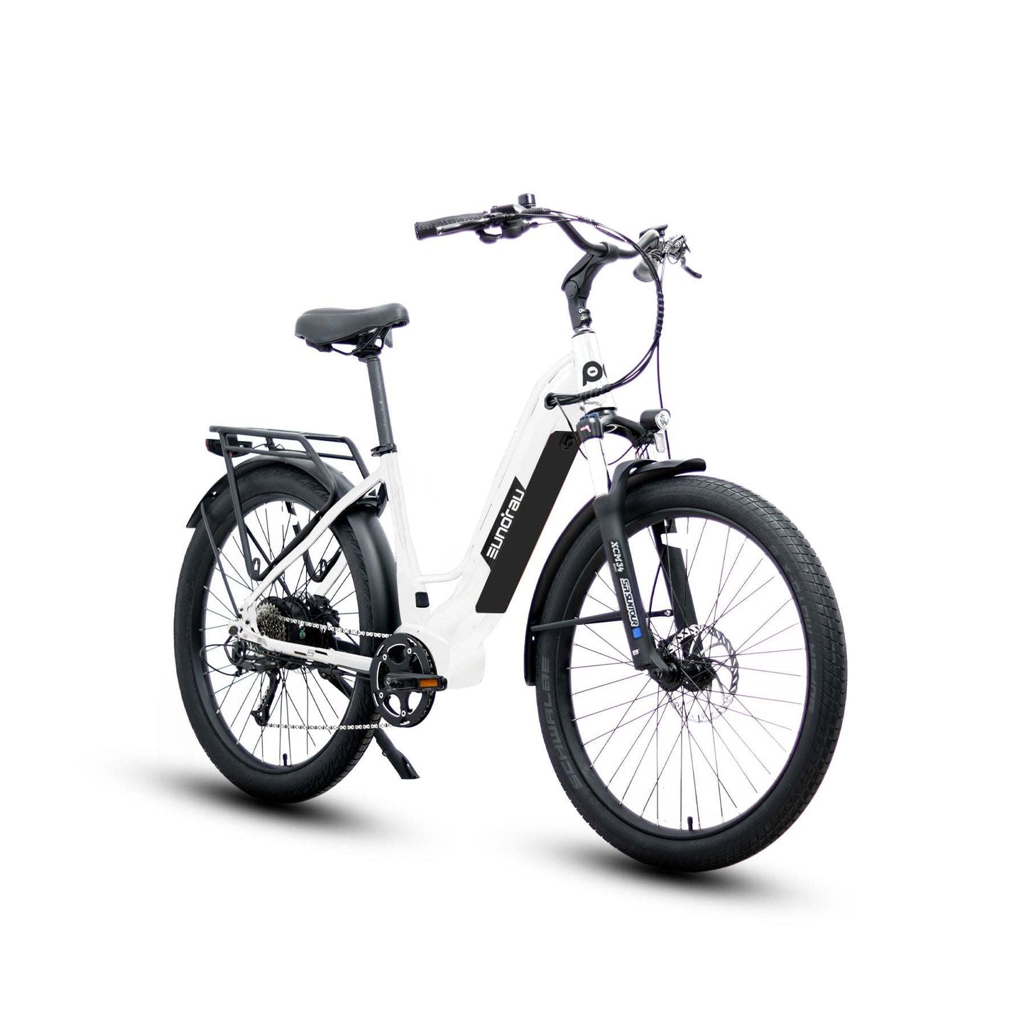 Eunorau Meta 275 Step-through white electric bike on a white background, side view on a white background