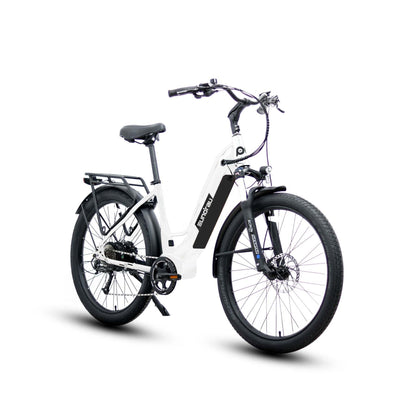 Eunorau Meta 275 Step-through white electric bike on a white background, side view on a white background