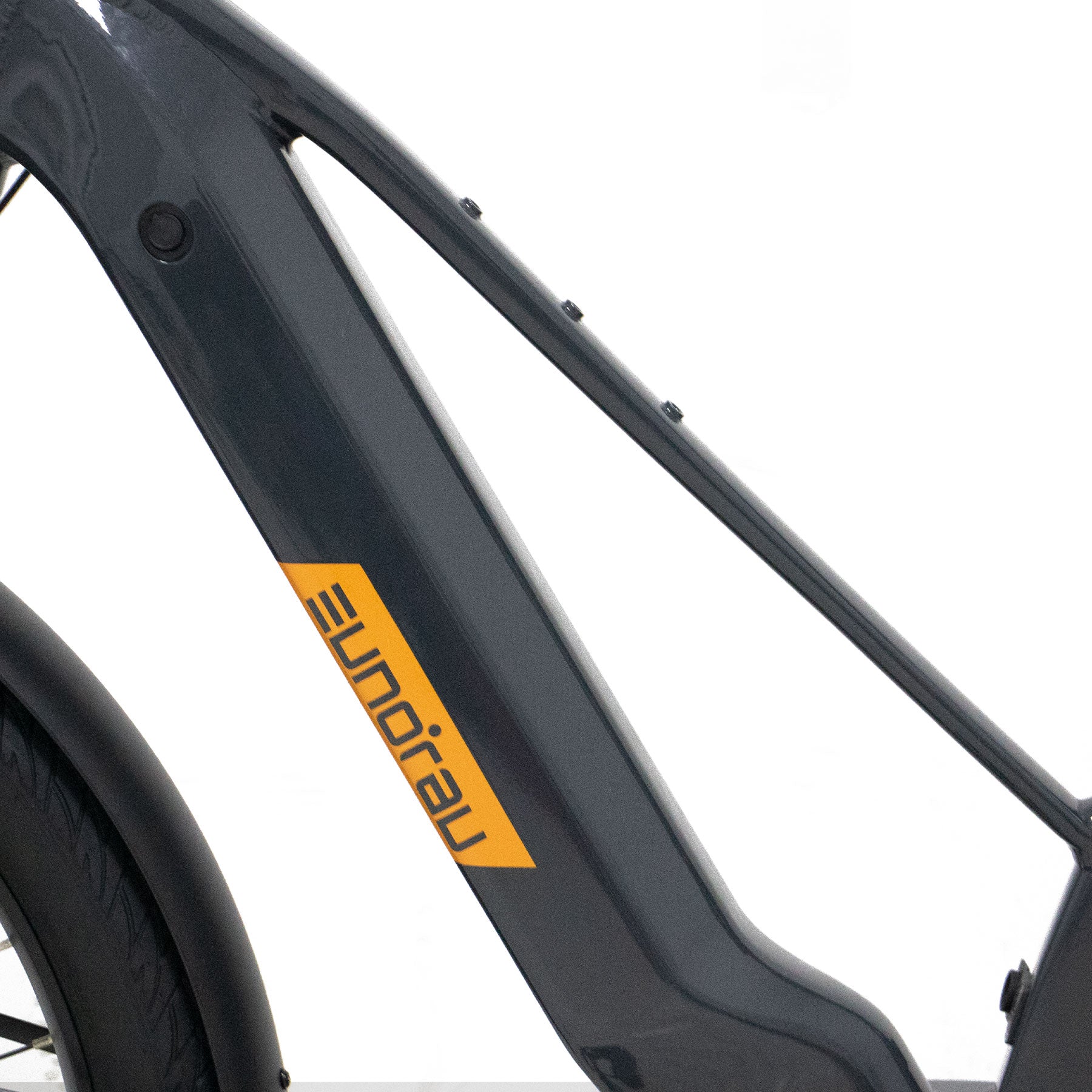 Eunorau Meta 275 1.0 Gray Orange Electric Bike, frame and logo close up on a white background