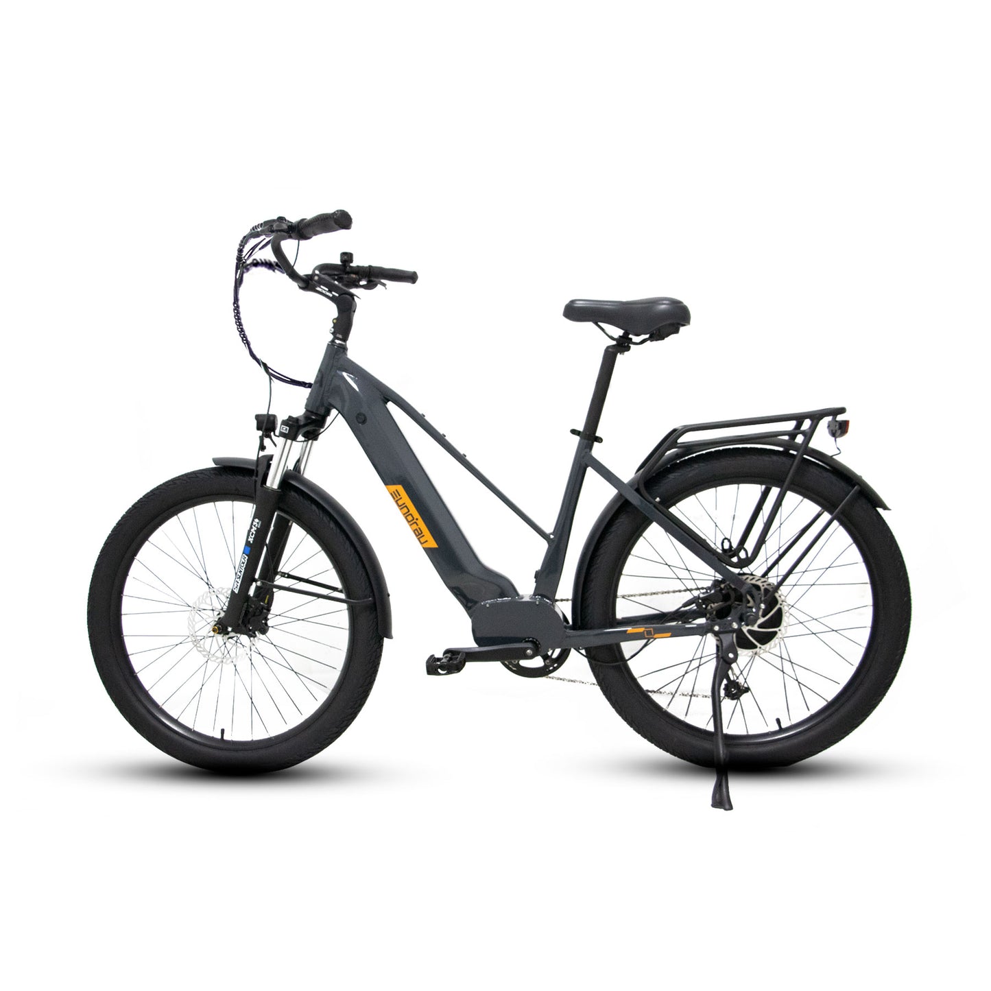 Eunorau Meta 275 1.0 Grey Orange Electric Bike on a white background, alternate side view