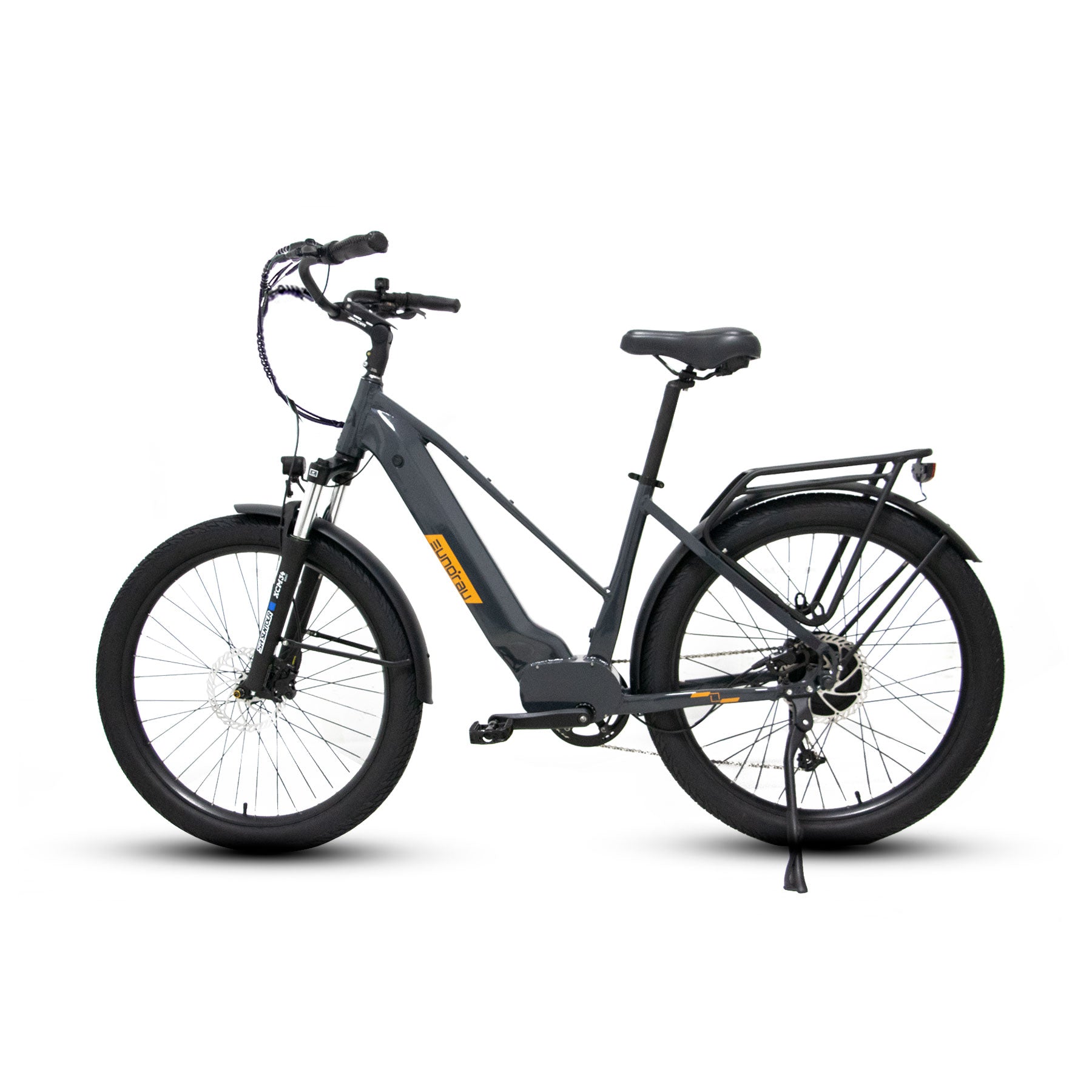 Eunorau Meta 275 1.0 Grey Orange Electric Bike on a white background, alternate side view