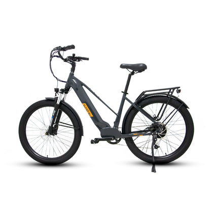 Eunorau Meta 275 1.0 Grey Orange Electric Bike on a white background, alternate side view
