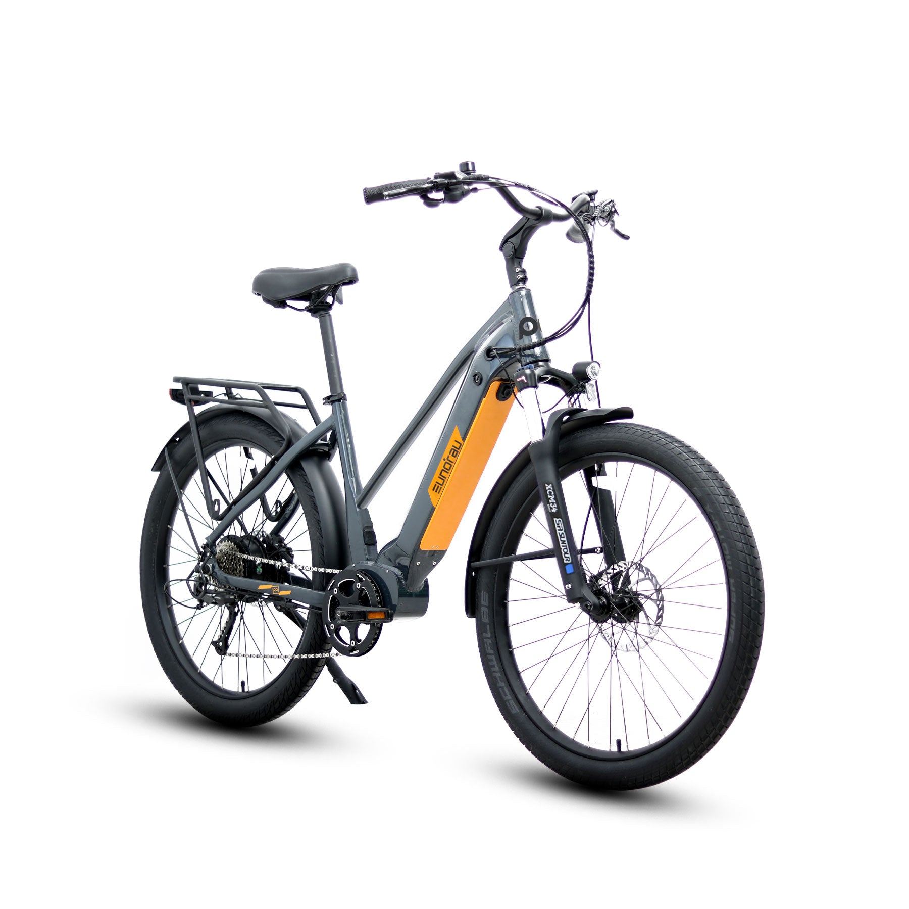 Eunorau Meta 275 1.0 Grey Orange Electric Bike on a white background with a front side view