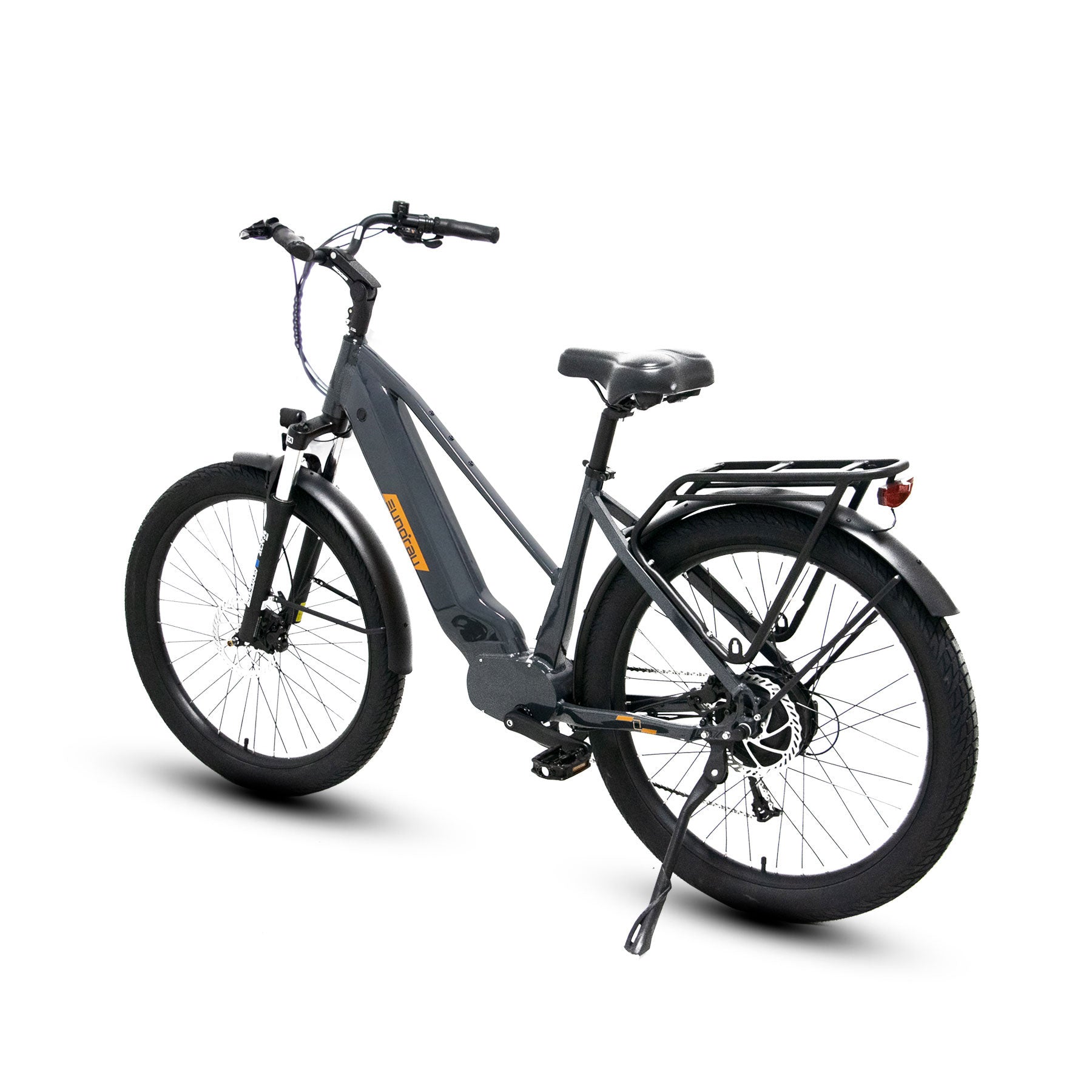 Eunorau Meta 275 1.0 Grey Orange Electric Bike on a white background, rear side view