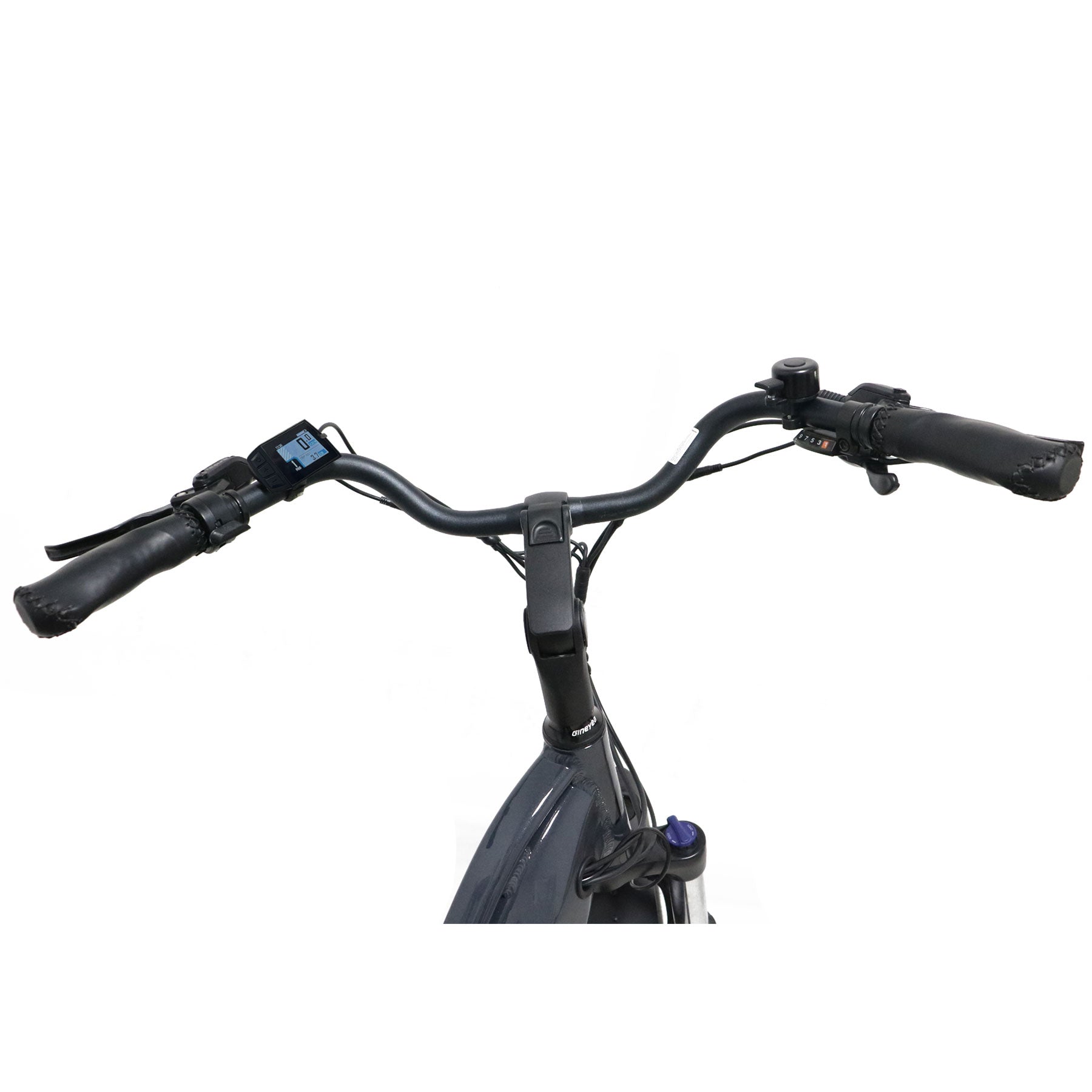 Eunorau Meta 275 1.0 Electric Bike Close-up of handlebars with black grips, display, shifter, bell and brake levers on a white background