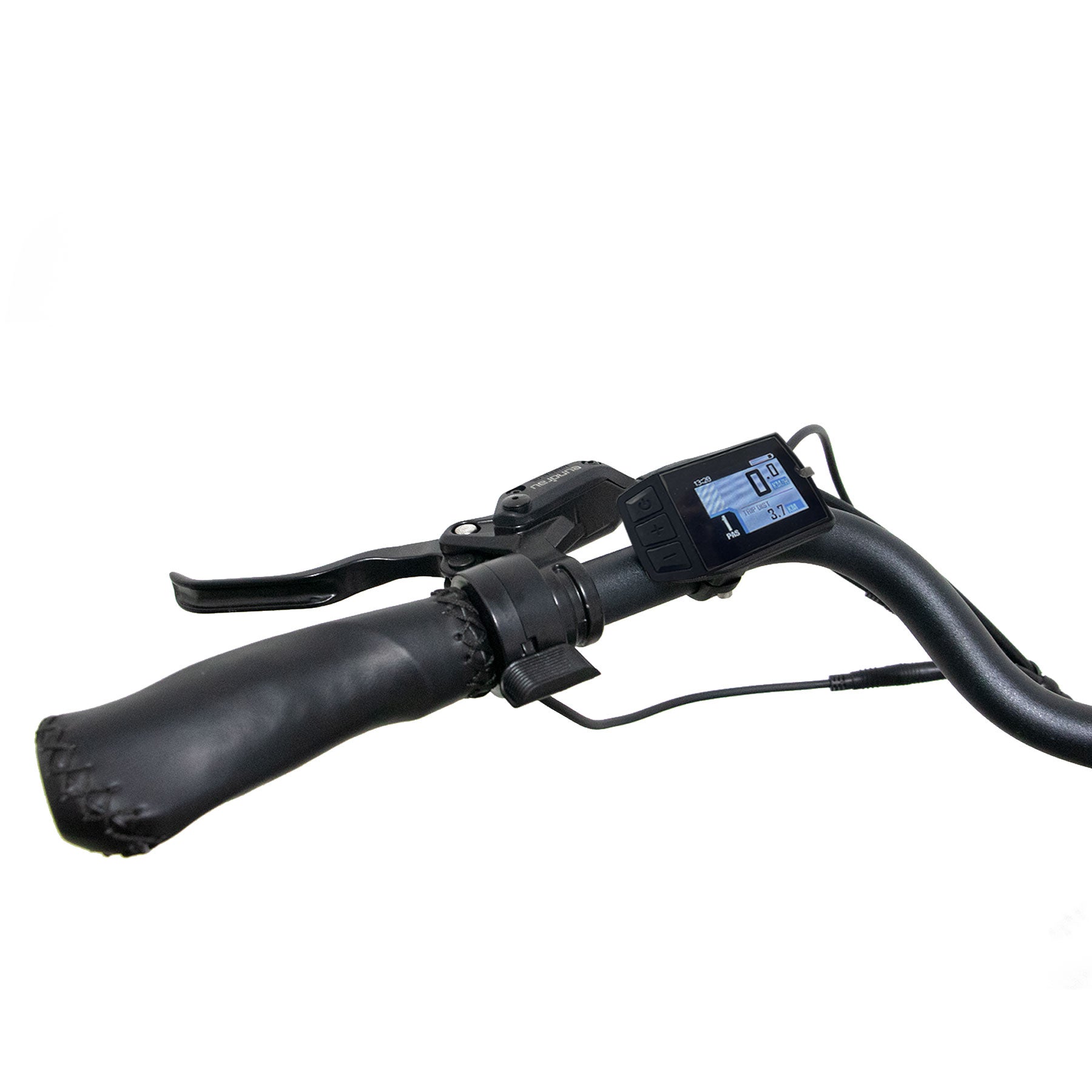Eunorau Meta 275 1.0 Electric Bike close up of a left handle bar with a display and brake lever on a white background