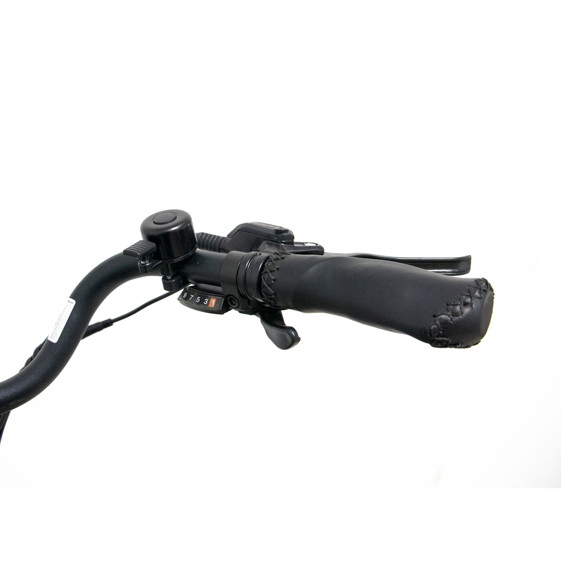 Eunorau Meta 275 1.0 Electric Bike close up of a right handle bar with a bell and speed shifter on a white background