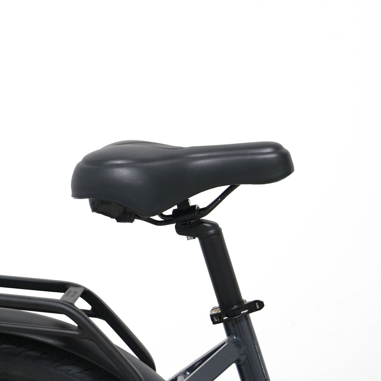 Eunorau Meta 275 1.0 Electric Bike Close up of a bike seat on a white background