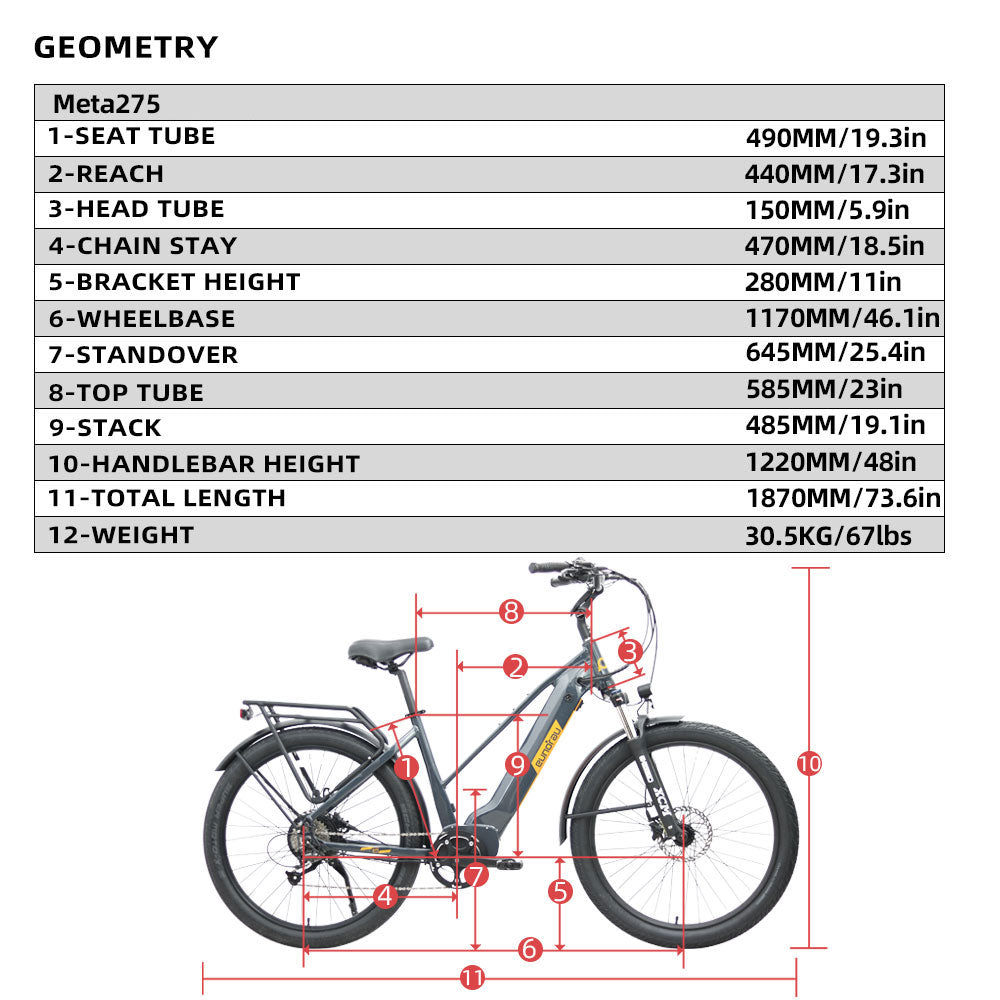 Eunorau Meta 275 1.0 Electric Bike with geometric dimensions labeled on a white background