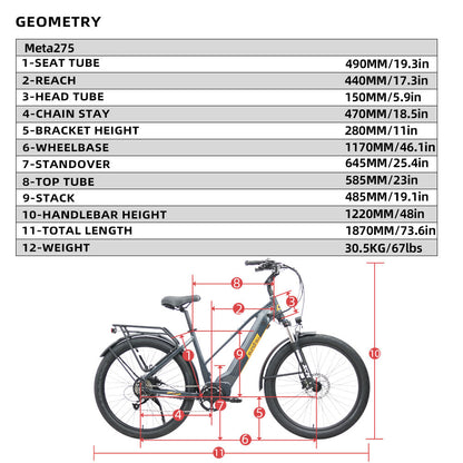 Eunorau Meta 275 1.0 Electric Bike with geometric dimensions labeled on a white background