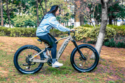EUNORAU Specter-S 3.0 electric bike ridden in a park setting, highlighting comfortable geometry
