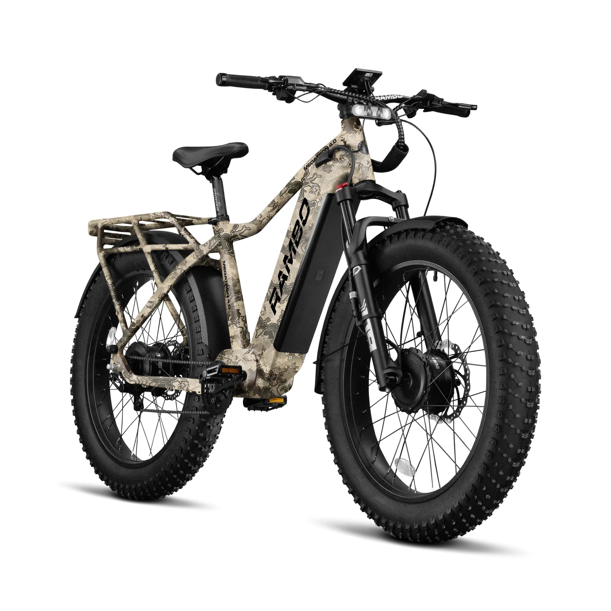 Front side view of a Rambo Bike Megatron 4.0 AWD Electric bike on a white background