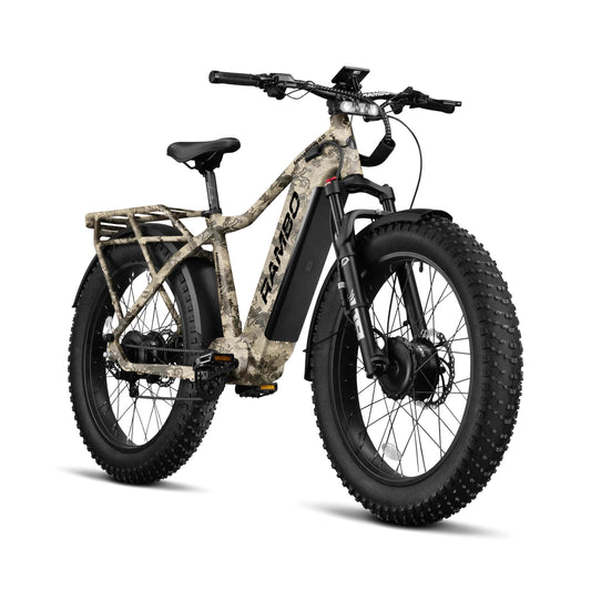 Front side view of a Rambo Bike Megatron 4.0 AWD Electric bike on a white background