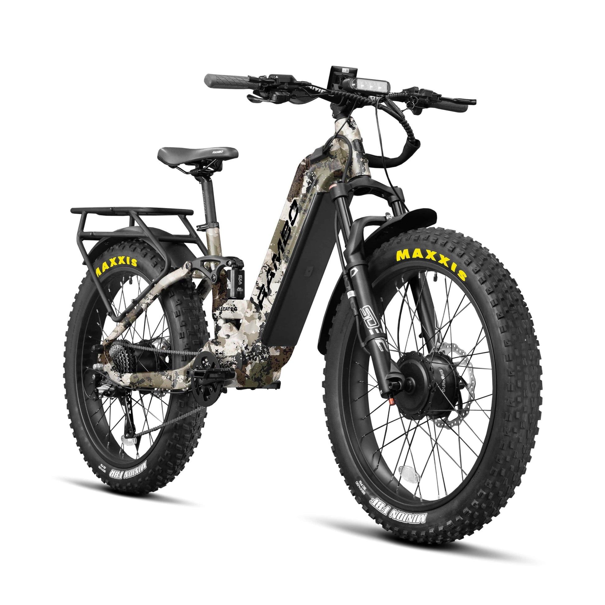 Front side view of a Rambo Bike Hellcat 2.0 AWD Kings Camo Electric Bike on a white background