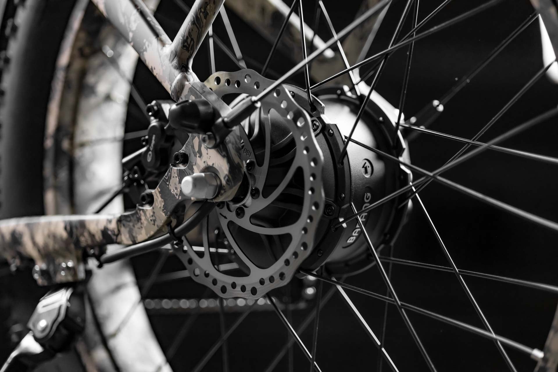Close-up of Rambo Bike Megatron 4.0 AWD Electric bike break system on black background