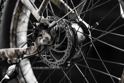 Close-up of Rambo Bike Megatron 4.0 AWD Electric bike break system on black background