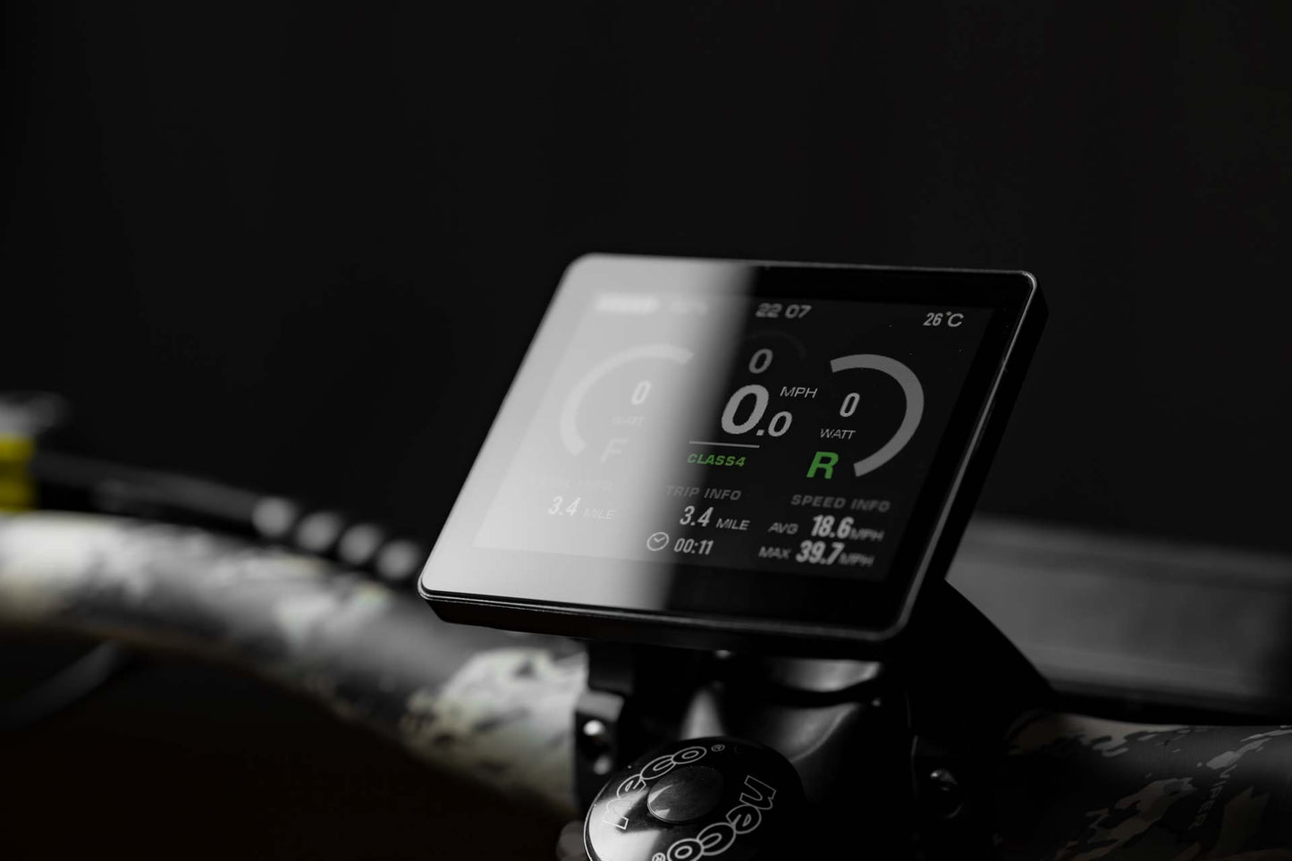 Close-up of Rambo Bike Megatron 4.0 AWD Electric bike LCD Screen on black background