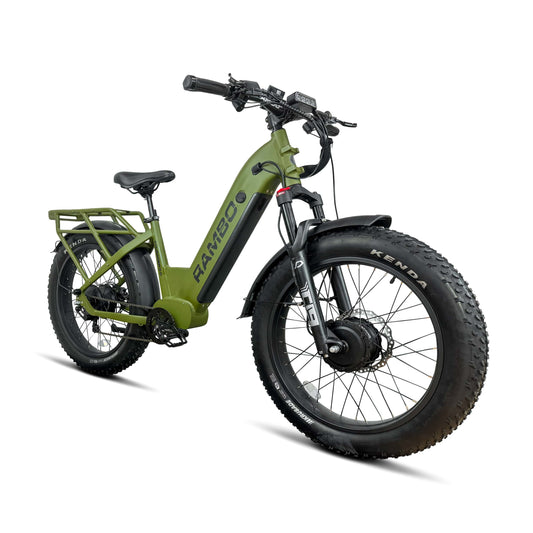 Front side view of a Rambo Bikes Krusader 3.0 All-wheel drive army green Electric  Bike on a white background