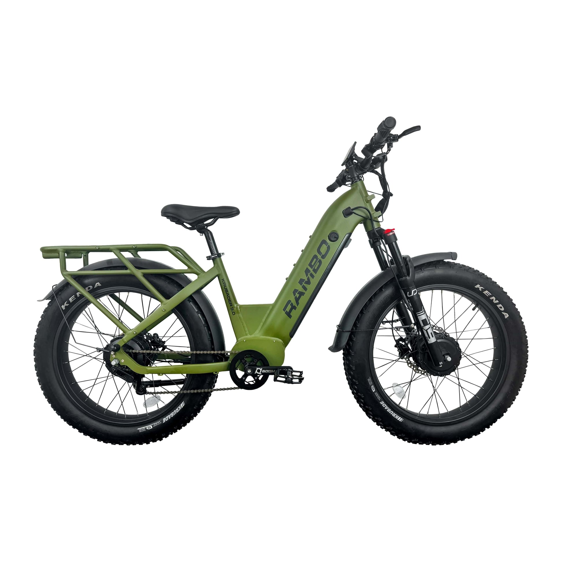 Side view of Rambo Bikes Krusader 3.0 All-wheel drive army green Electric Bike on white background