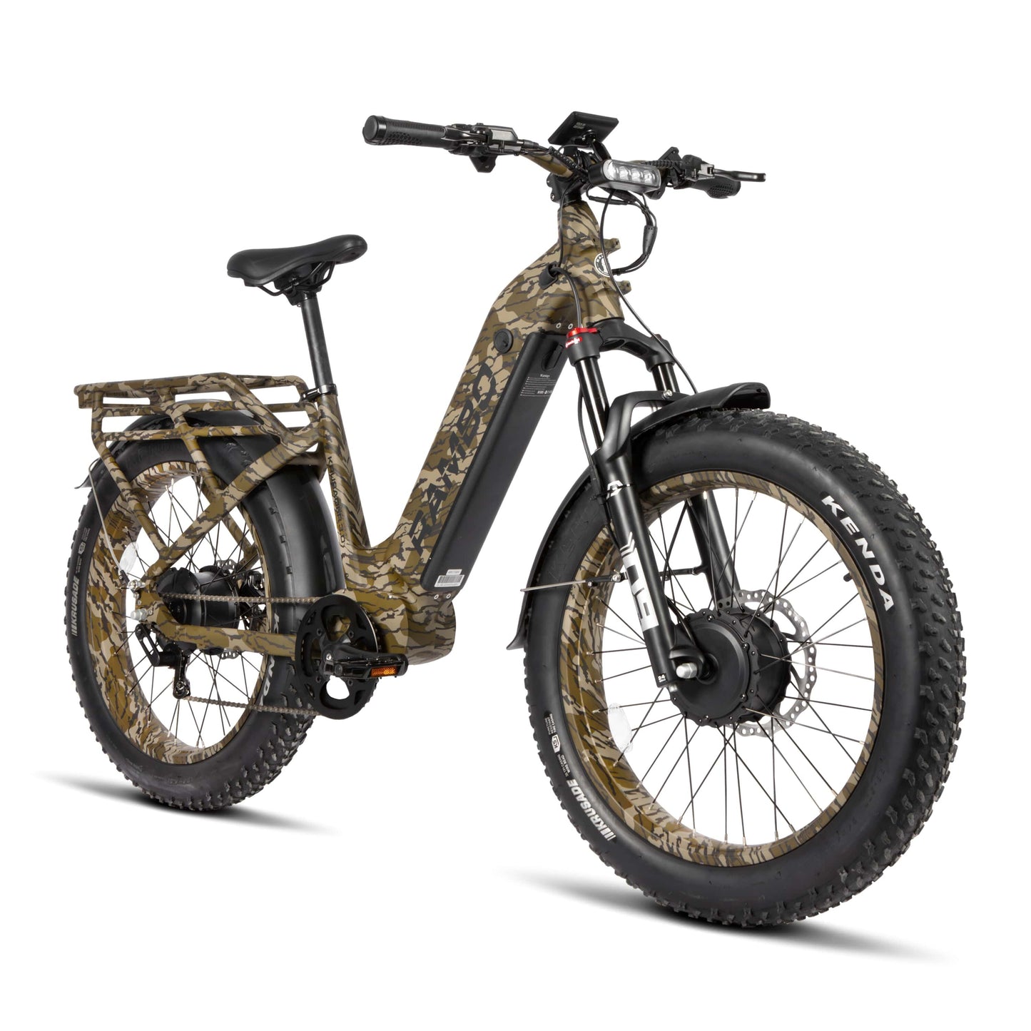 Front side view of Rambo Bikes Krusader 3.0 All-wheel drive Bottomland Camo Electric Bike on white background