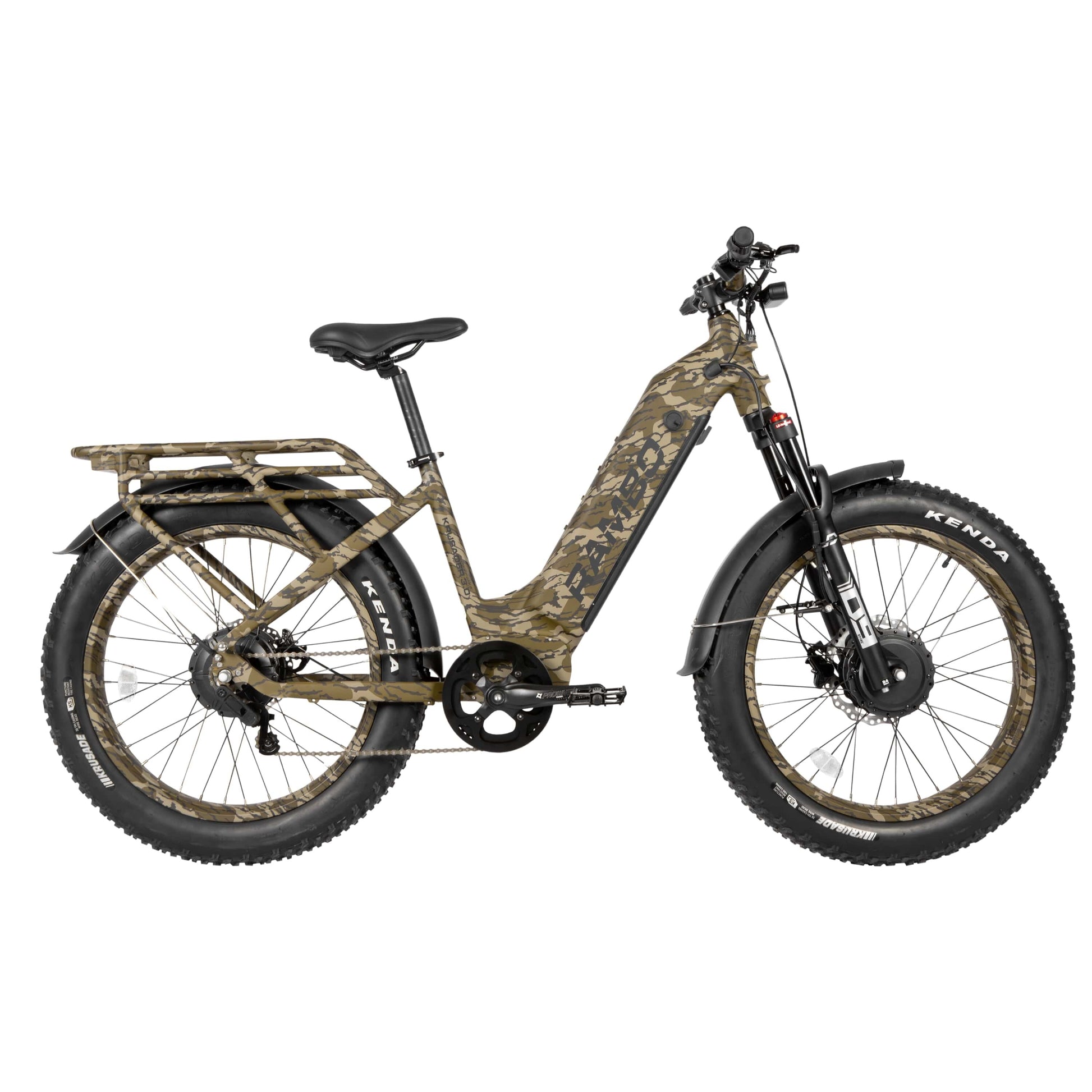 Side view of Rambo Bikes Krusader 3.0 All-wheel drive Bottomland Camo Electric Bike on white background