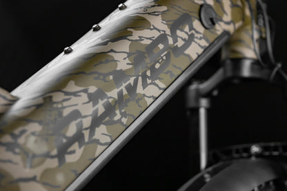Close-up of Rambo Bikes Krusader 3.0 All-wheel drive Electric Bikes frame and logo on black background