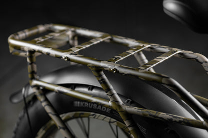 Close-up of Rambo Bikes Krusader 3.0 All-wheel drive Electric Bikes rear rack on black background