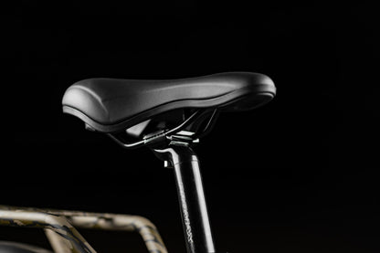 Close-up of Rambo Bikes Krusader 3.0 All-wheel drive Electric Bike seat on black background