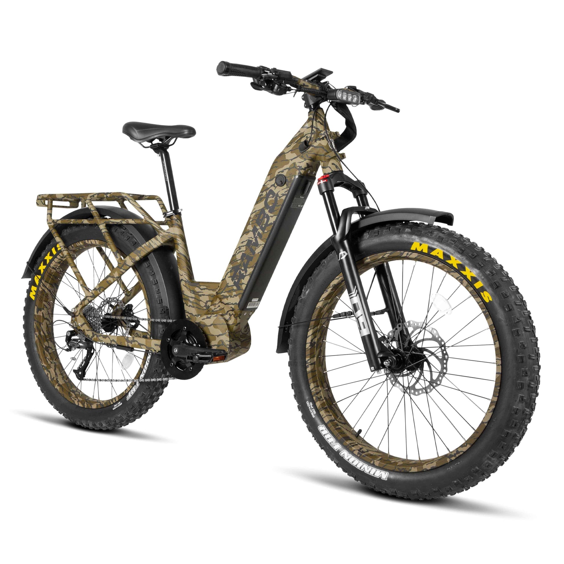 Front side view of a Rambo Bikes REBEL 2.0 Bottomland Camo Electric Bike on white background