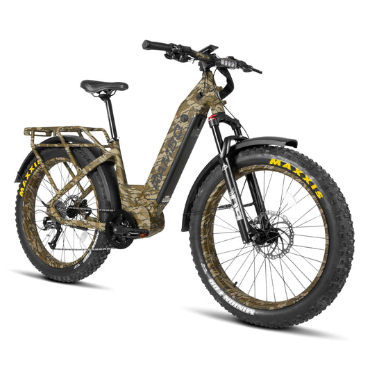 Front side view of a Rambo Bikes REBEL 2.0 Bottomland Camo Electric Bike on white background