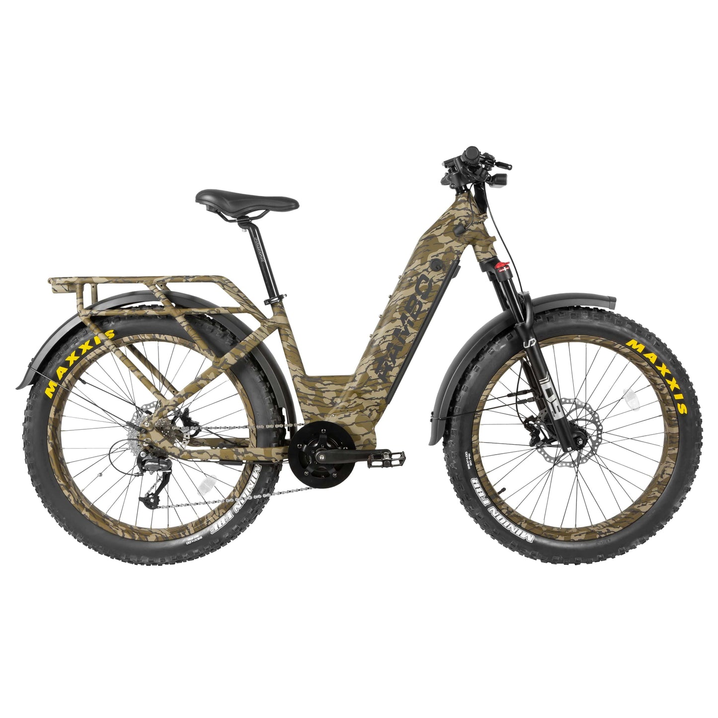 Side view of a Rambo Bikes REBEL 2.0 Bottomland Camo Electric Bike on white background