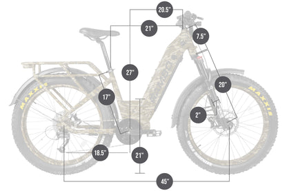 Measurement chart of a Rambo Bikes REBEL 2.0 Electric Bike with labeled dimensions on a white background