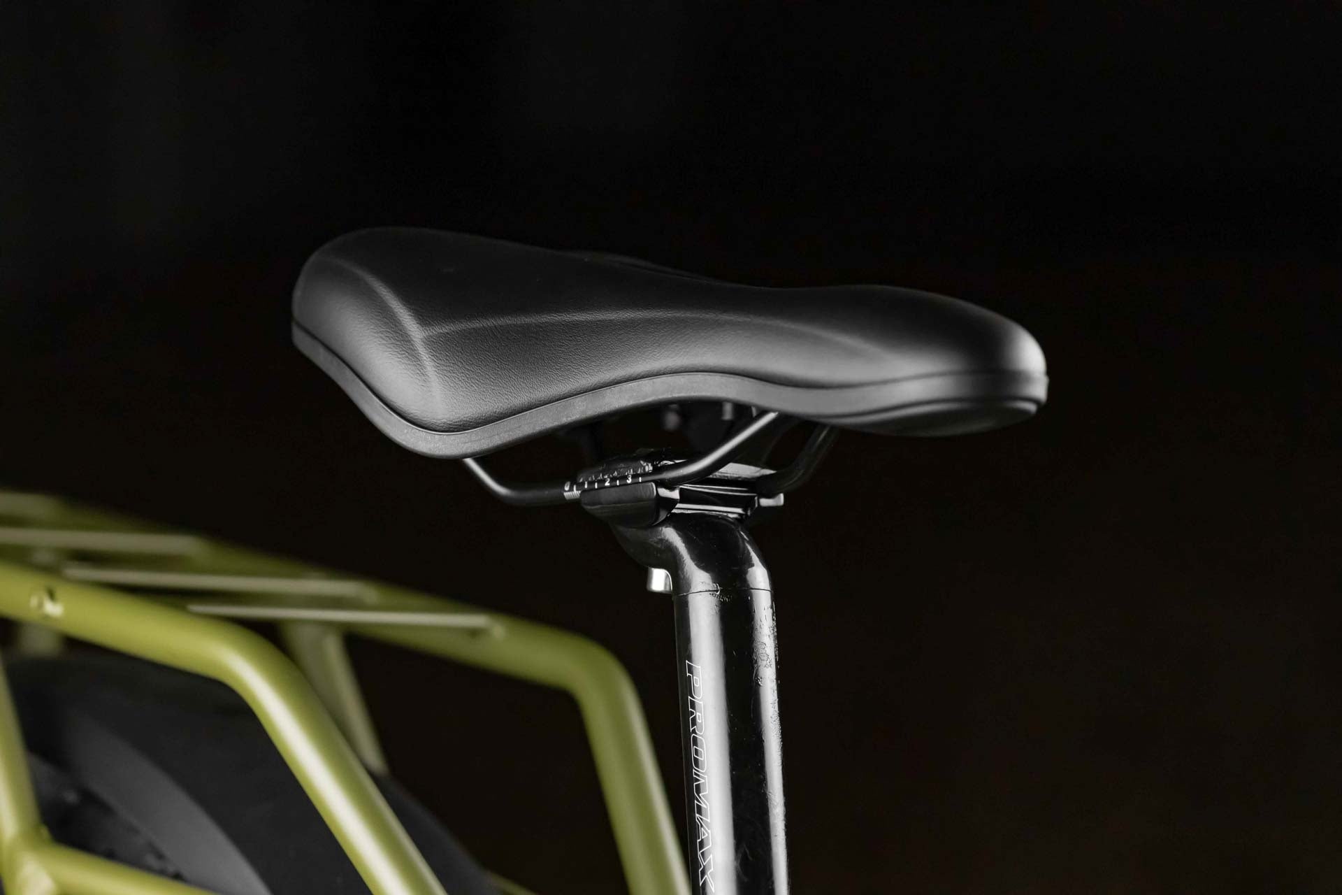 Close-up of Rambo Bikes REBEL 2.0 Electric Bikes seat on dark background