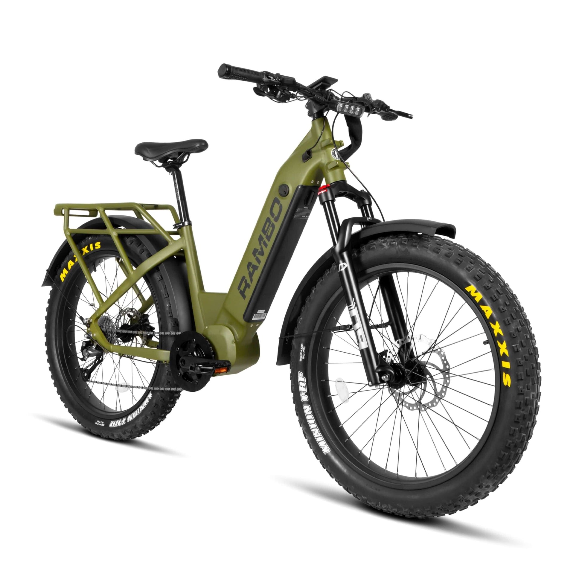 Front side view of Rambo Bikes REBEL 2.0 Green Electric Bike on white background